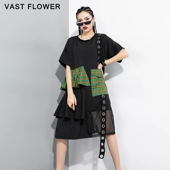 

Women black plaid patchwork plus size dress new ruffles ribbon round neck short sleeve clothes loose fashion spring summer 2020