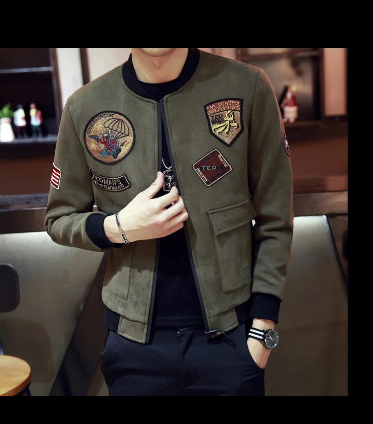 Осенняя одежда стиль Slim Fit замша Мужская куртка тренд Молодежная вышивка стоячий воротник куртка пальто Мужская