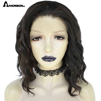 

ANOGOL High Temperature Fiber Highlight Brown Water Wave Synthetic Lace Front Wigs For Women With Free Part
