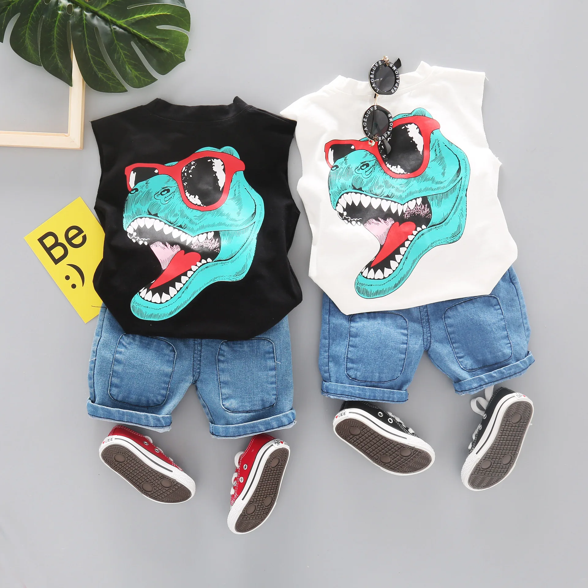 

Summer New Style Childrenswear Male Baby Dinosaur Printed T-shirt 2 Pieces Denim Shorts Pants Can Open Files a Generation of Fat