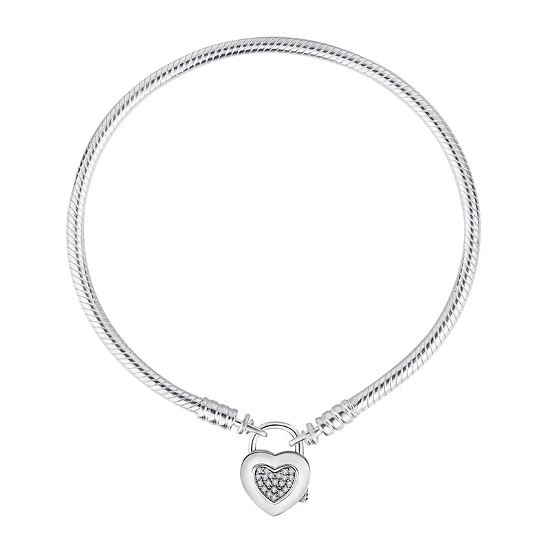 Подлинный 925 пробы серебряный браслет Moments Pave Love Heart навесной замок Змея Браслет Fit бисера Шарм Diy ювелирные изделия