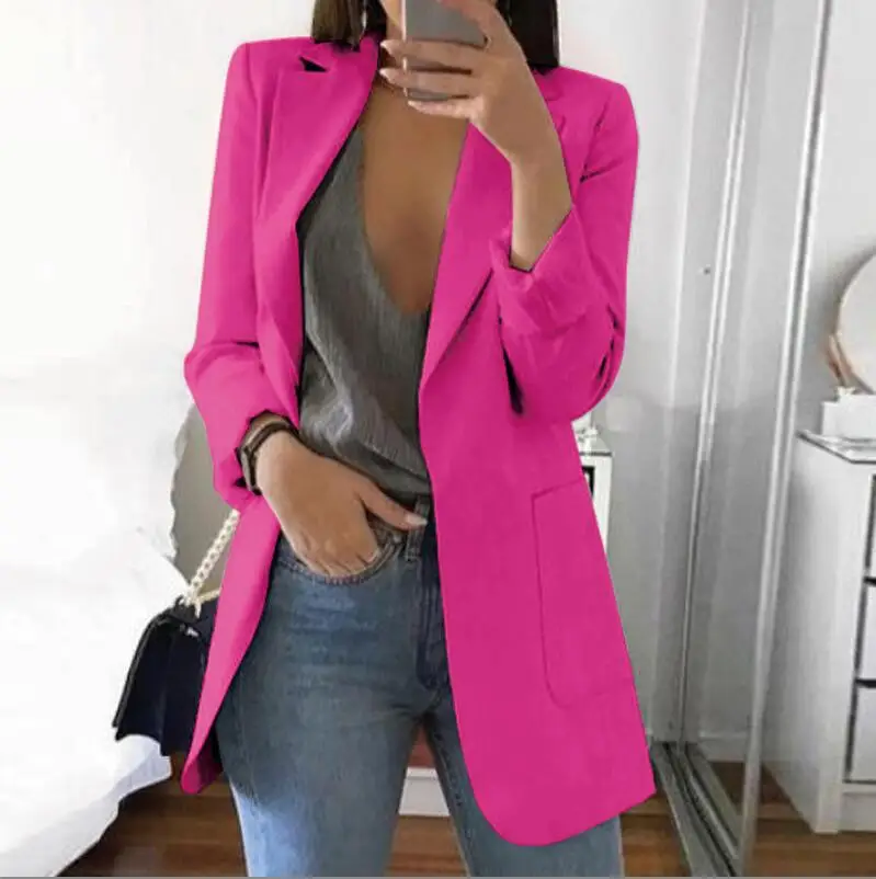 rose red Приталенный Женский блейзер размера плюс 5XL, осень, повседневный женский офисный костюм, однотонный пиджак с отложным воротником, топы, блейзер для женщин - Цвет: rose red