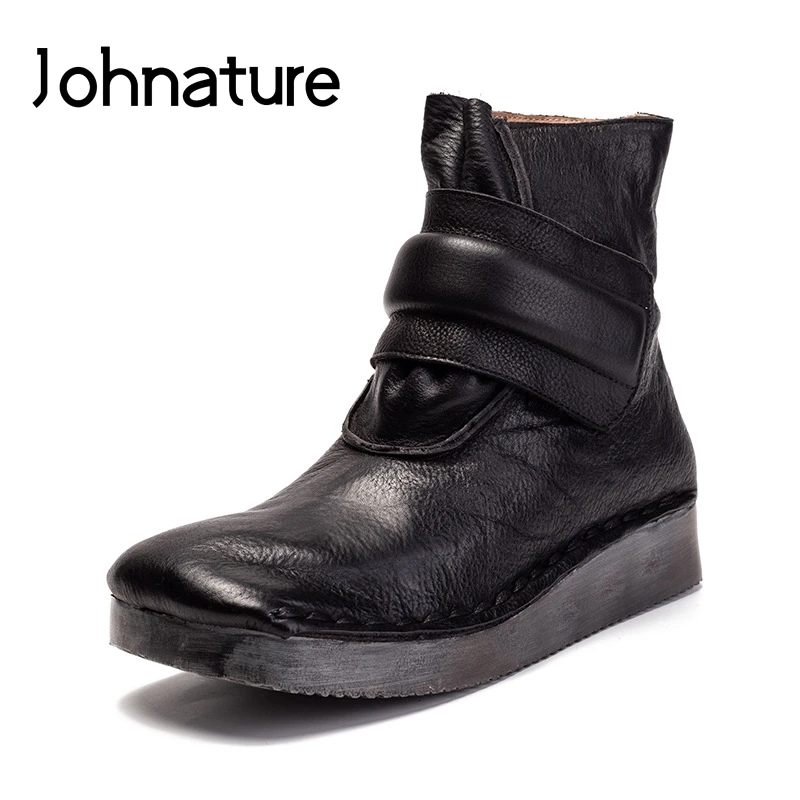 Johnature Platform Boots Women Shoes Genuine Leather Hook& Loop Flat With New Autumn Winter Sewing Handmade Ankle Boots