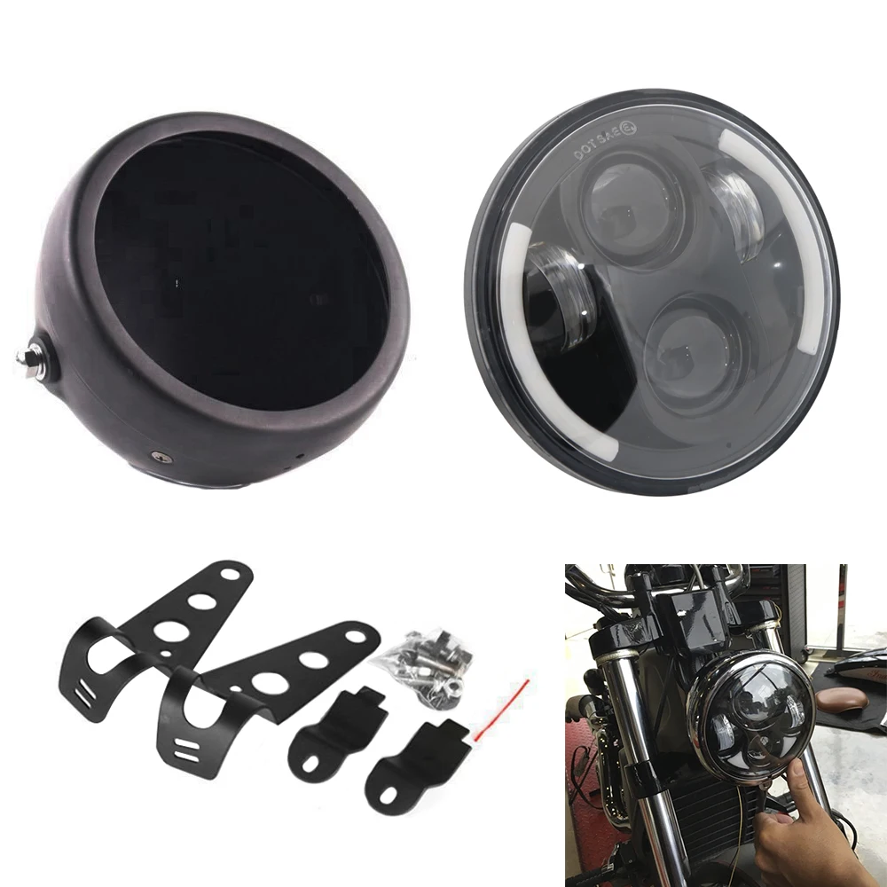 Ceny Uniwersalny czarny 5.75 Cal motocykl Metal żarówka jak DRL LED przedni reflektor z anioł oko + 5 3 4 \
