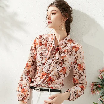 

2020 Spring 100% Pure Silk Blouses Bow Collar Long Sleeve Women Tops Elegant Print Vintage Office Ladies Shirts blusas Clothes