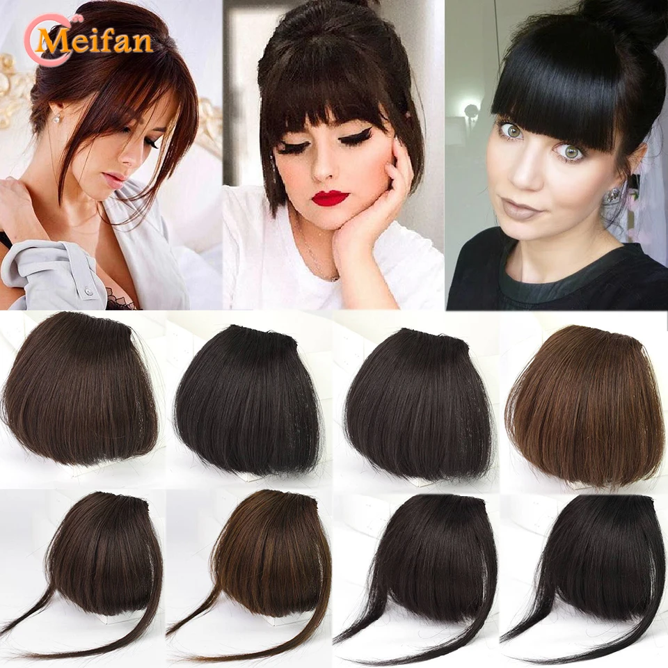 MEIFAN Clip in Hair Bangs Extension Hairpiece Synthetic Natural Fake Bang Hair Piece Air Bangs Clip on Bangs Black Brown
