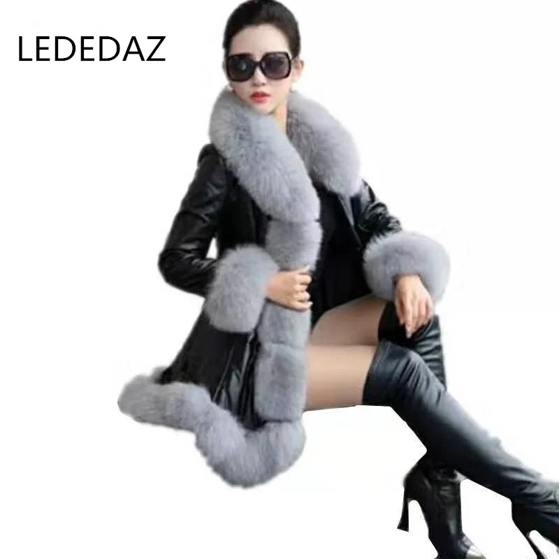 

S-6XL 2019 New Fashion Women's Long Slim Faux Fox Fur Coat PU Leather Jacket & Coat Plus Sizes Thick & Warm Winter Outerwear