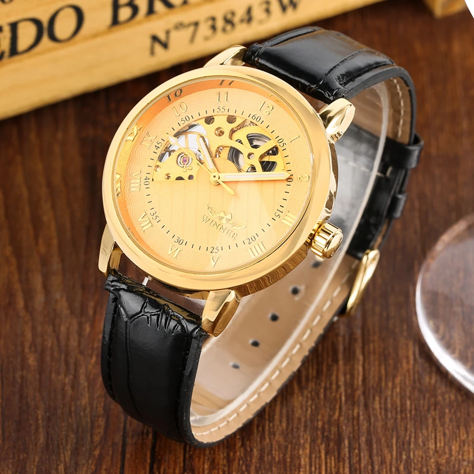 WINNER Top Brand Men's Fashion Tourbillon Moon Phase Semicircle Skeleton Leather Band Automatic Mechanical Men Gold Wrist Watch 2019 2020 2021 2022 (6)