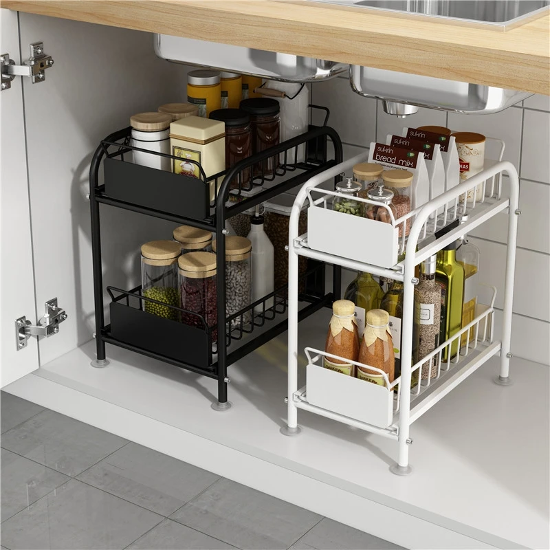 2 Tier Pull Out Drawer Sliding Shelves Organizer Double Cabinet Kitchen Shelf