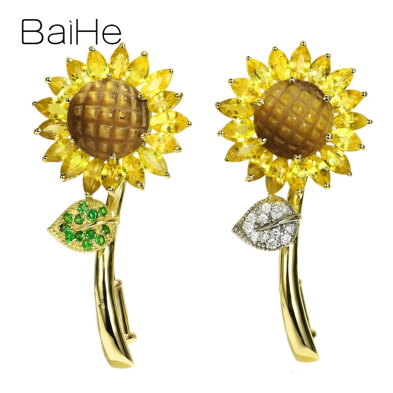 BAIHE Solid 14K Yellow Gold Natural Tiger's eye sapphire Tsavorits/Diamond Fine Jewelry Gift Pendant/brooch брошь | Украшения и