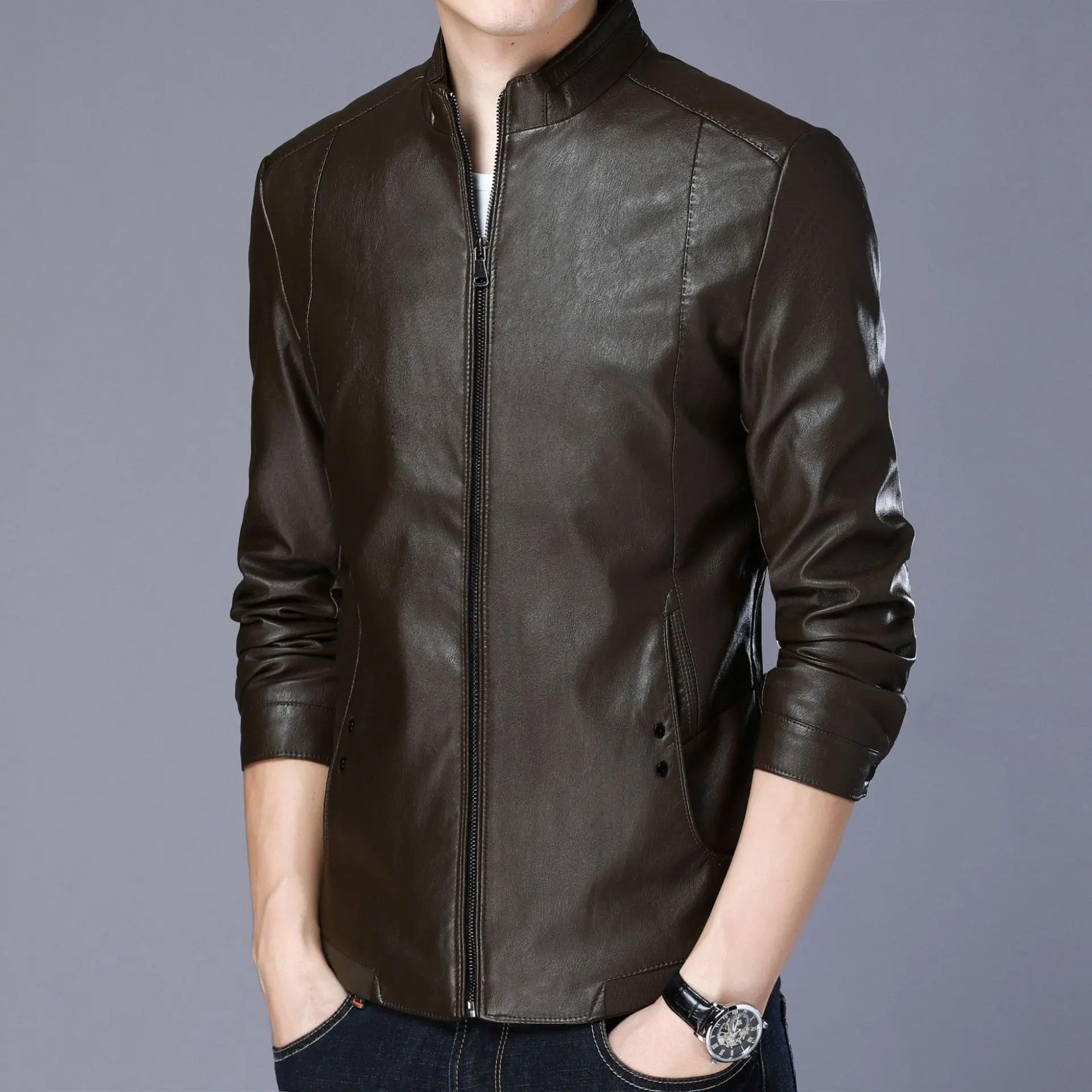 

2019 New Style MEN'S Jacket Stand Collar Leather Jacket Men's Zipper Casual Coat-Style Simple Comfortable Men'S Wear