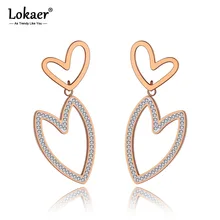 Lokaer, новинка, титановая сталь, белый кристалл, серьги Двойные сердца, розовое золото, стразы, серьги-гвоздики, ювелирные изделия для женщин E19248