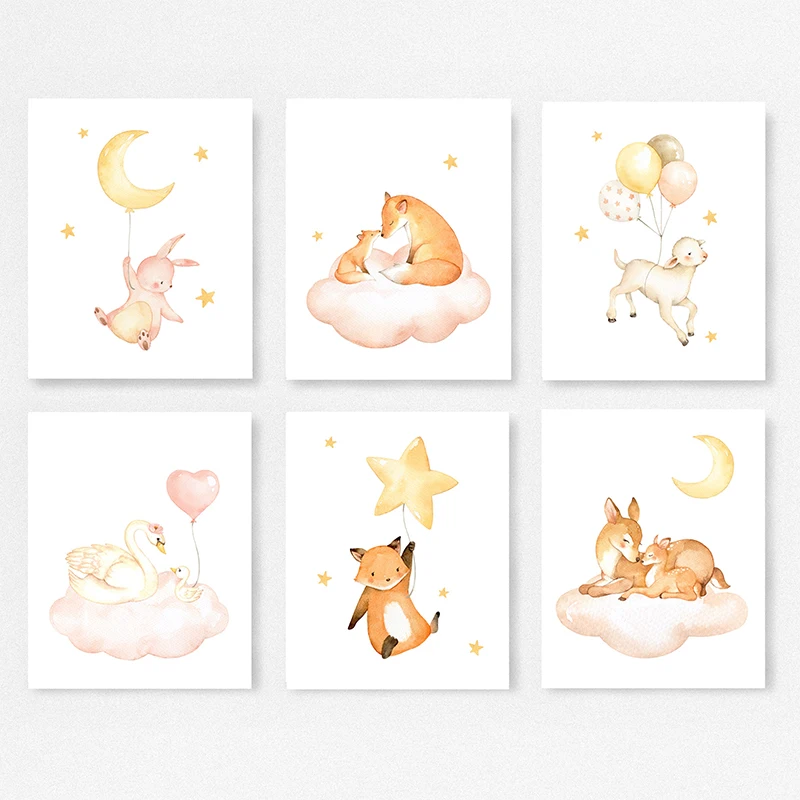 Bear Rabbit Sheep Stars Moon Nursery Wall Art Canvas Painting Nordic Posters And Prints Pictures Girl Boy Kids Room Decor | Дом и сад