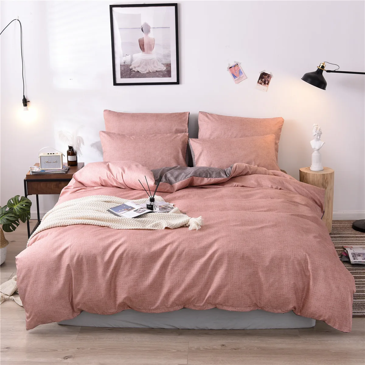 Modern Simple Style Bed Linens Set Guest Room Soft Bedclothes Duvet Cover Pillowcase Adult Solid Color Bedding US Twin |