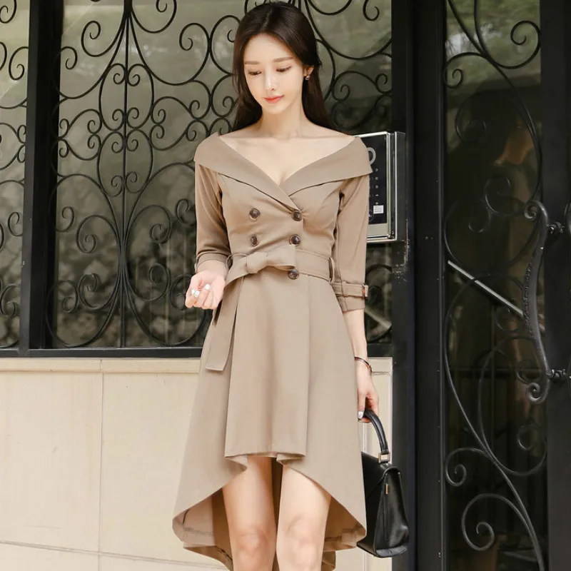 

Autumn V-Neck Sashes Double Breasted Women OL Cloth Knee-Length Irregulat Khaki Office Work Solid Dress
