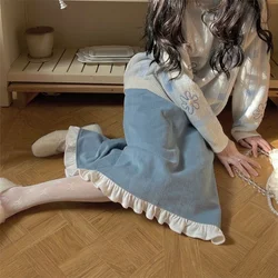 HOUZHOU Japanese Sweet Vintage Corduroy Midi Skirt Women Kawaii High Waist Ruffle Patchwork Split Skirts Soft Girl Autumn Winter