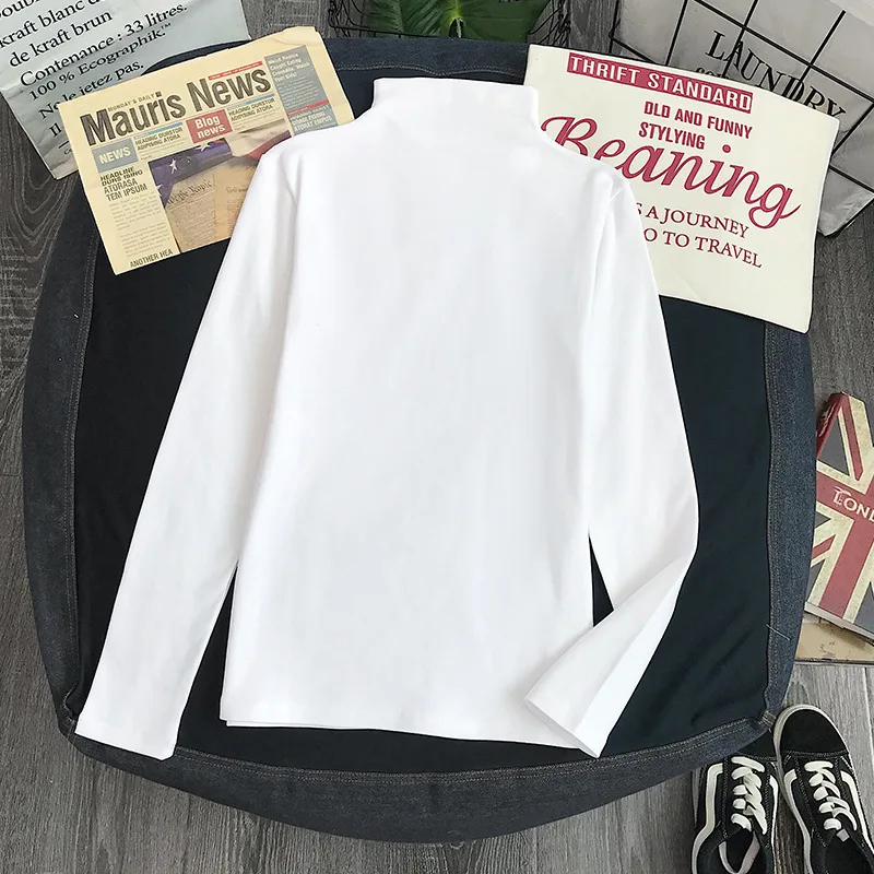 Tricou cu mânecă lungă pentru femei, lenjerie intimă de bază, guler înalt, tricouri pentru femei, casual, bază solidă, tricou, maieu, topuri, negru846_voghion.com