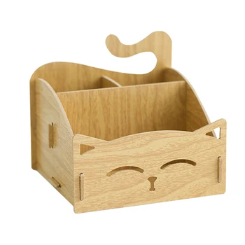 

Cat Pattern Stationery Space Saving Student Pen Holder Desktop 3 Compartments Combination Assembling Office Home Solid Wood