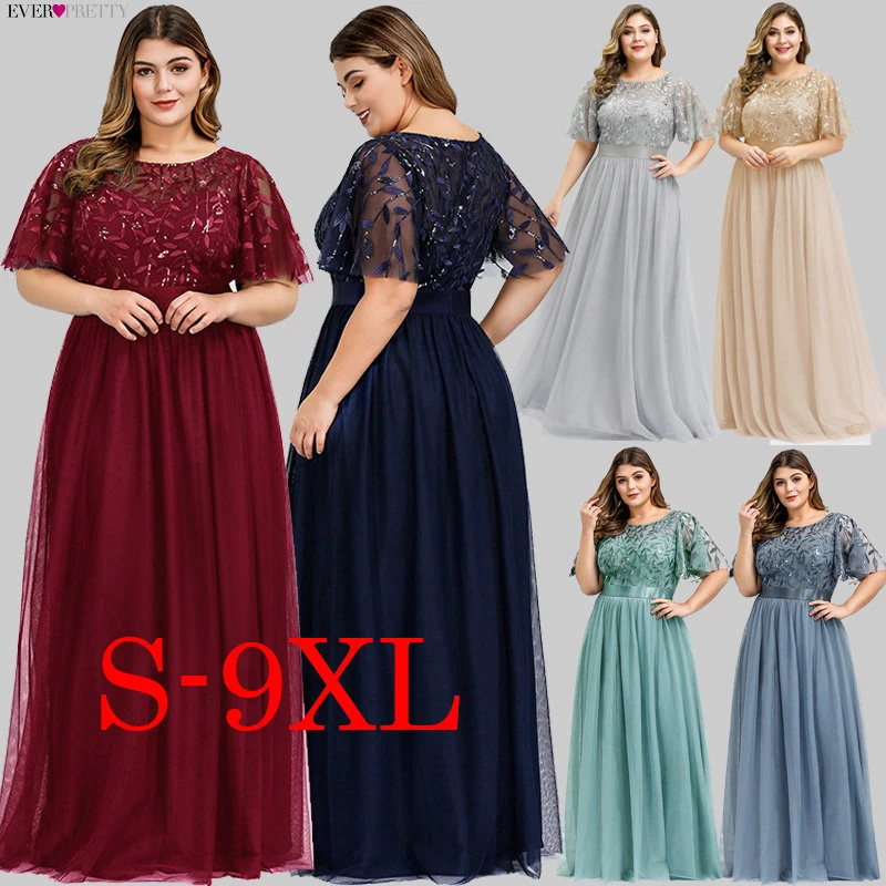 Plus Size Sequined Long Prom Dresses Ever Pretty A-Line O-Neck Ruffles Sleeve Elegant Tulle Party Gowns Vestido De Gala 2020