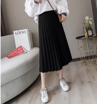 

Ladies Pleated Skirts Womens Warm Thick Vintage Knitted Sweater Midi Skirt Spring Autumn High Waist Black Long Skirts