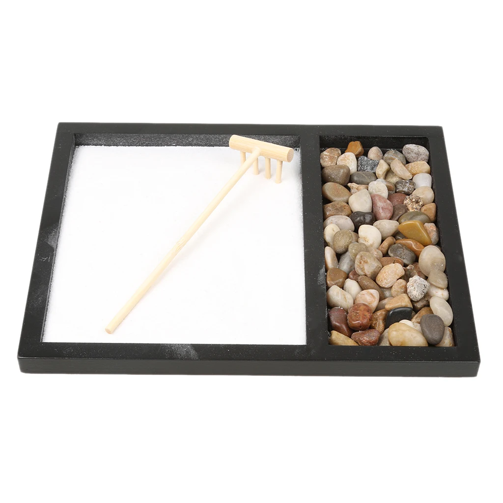 Zen Garden Sand Tray Stone Wooden Rake Sands Home Room Fengshui Ornament