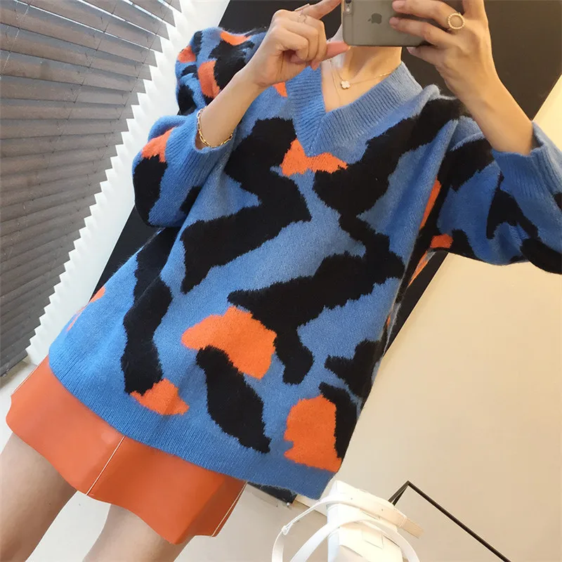 RUGOD корейский женский свитер Камуфляжный узор vneck красочный вязаный пуловер Модный повседневный панк стиль Женская Туника Новинка Весна
