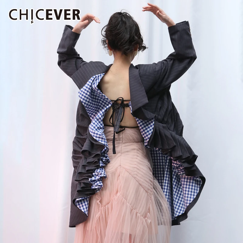 

CHICEVER Korean Patchwork Asymmetrical Women's Blazer Notched Collar Long Sleeve Lace Up Hit Color Suits Female 2020 Clothes New
