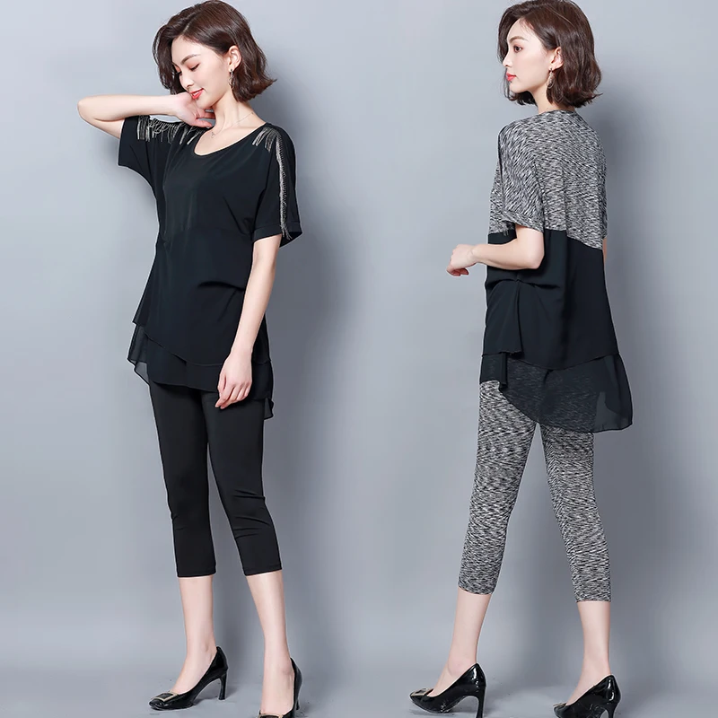 

Large size 2020 summer's short sleeve color contrast splicing set belly covering thin Chiffon two piece set tracksuit for women