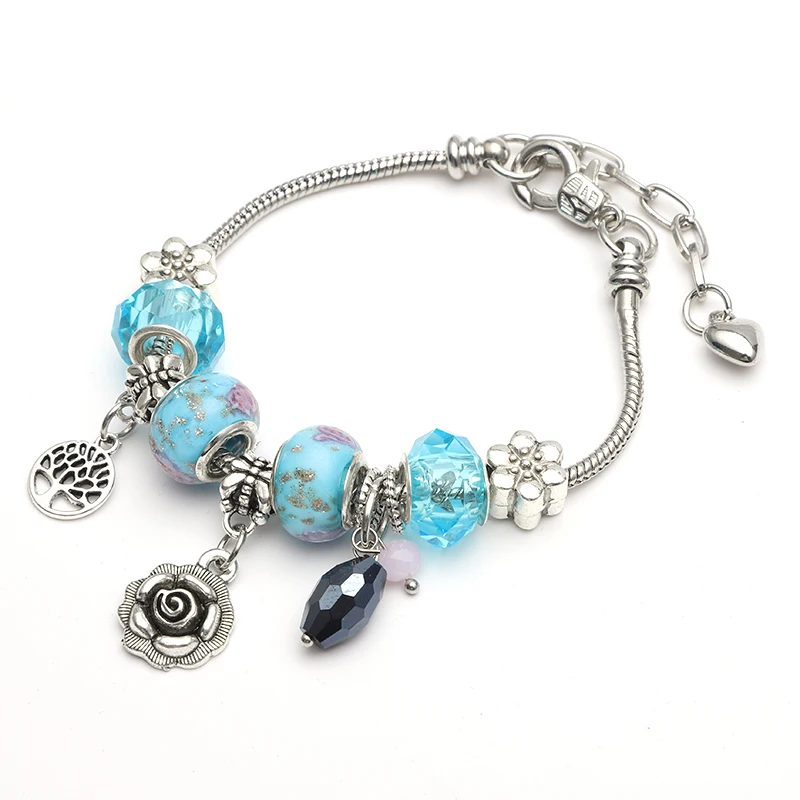 New Fashion Flowers Bangles Charm Bracelet Fit Snake Chain DIY Fine Bracelet for Women Jewelry Accessories - Окраска металла: lake blue