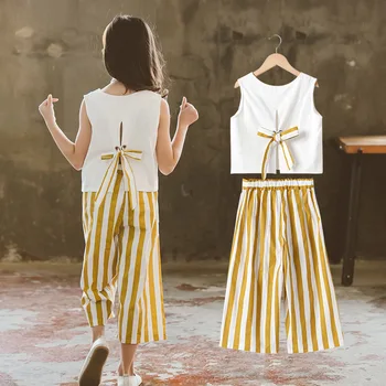 

4-13Years Teenager Girls Clothes Sets New Style Girls Casual Suits Sleeveless Cool Vest Striped Pants Outfit Children Clothing