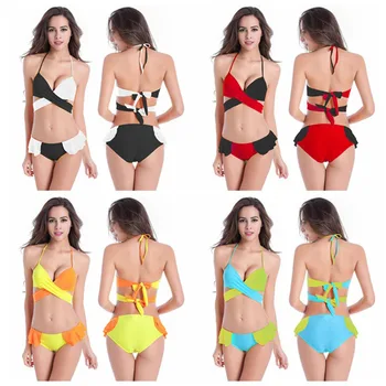 

European and American new color matching bandage bikini hot spring big breasts gather high-end swimsuit bikini women's swimwear