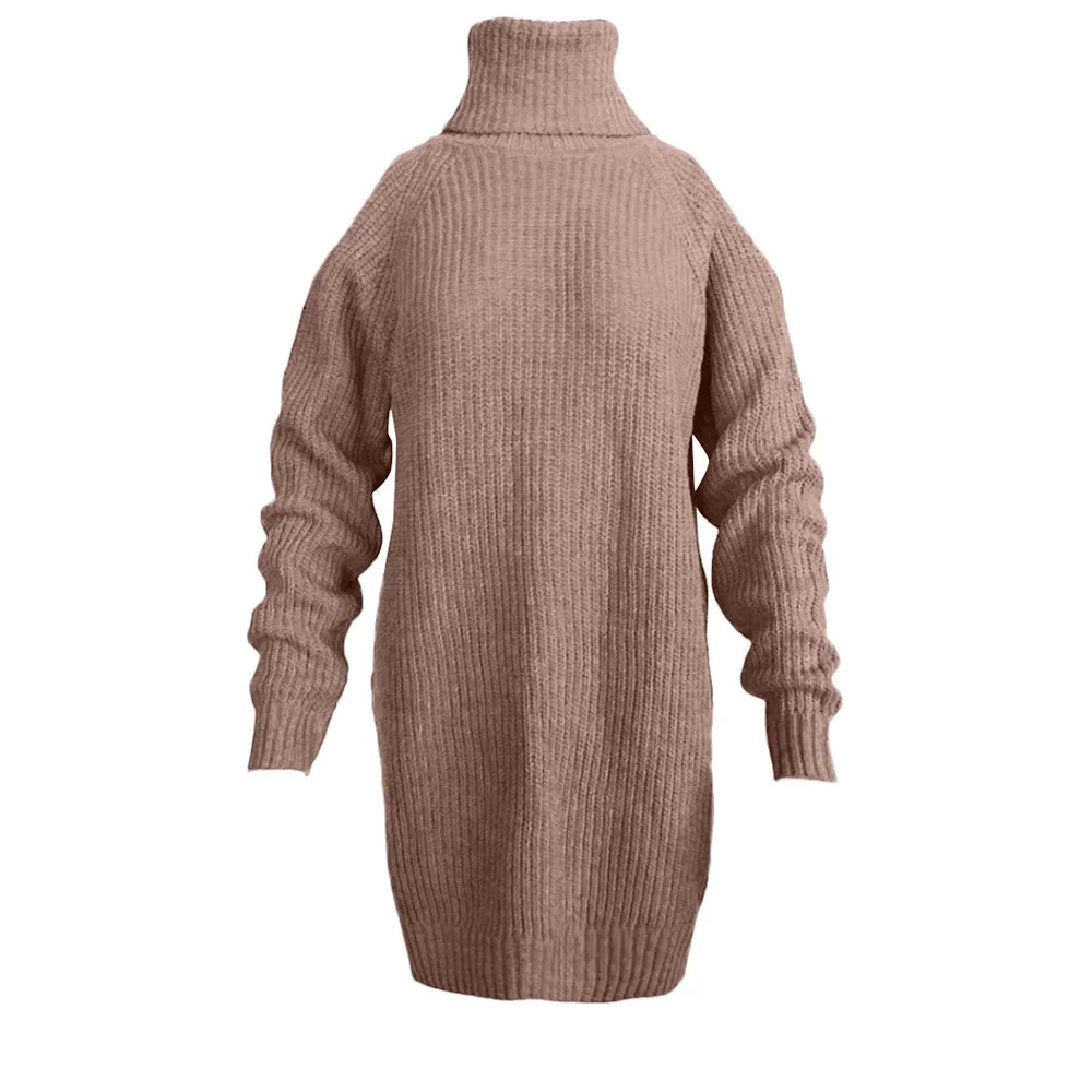Осенне-зимний вязаный свитер с высоким воротом, женский сексуальный вязаный свитер с открытыми плечами, платье для женщин, облегающий джемпер размера плюс, пуловер#829