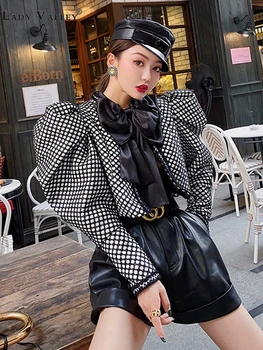 

Retro Puff Sleeve Polka Dot Bright Silk Small Tassel Raw Edge Short Jacket Women Spring Autumn Short Fashion Jacket Cardigan