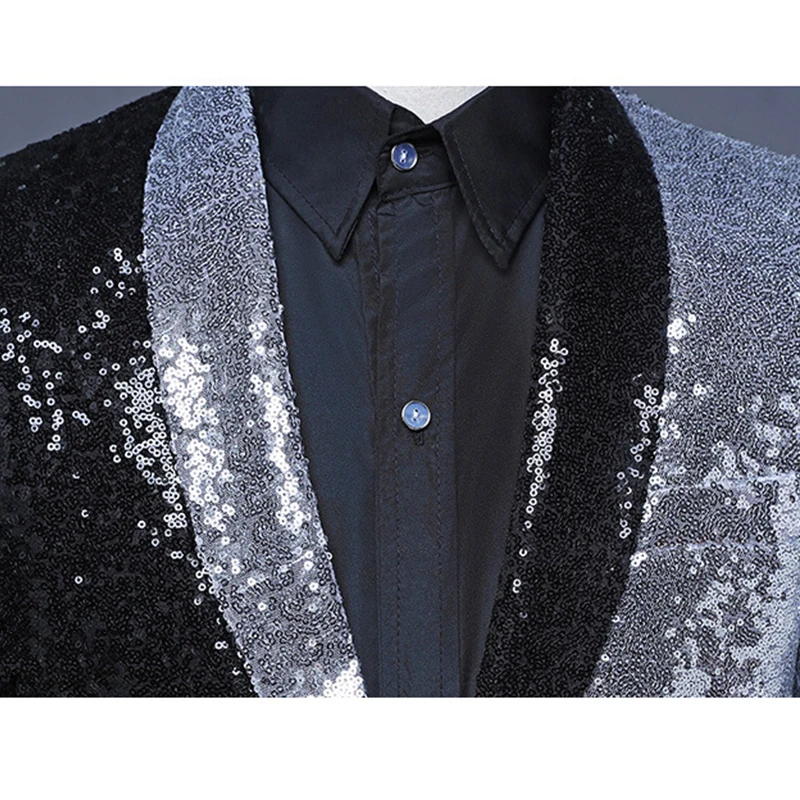 Male singer hosted suit half black half silver sequined suit fashion asymmetrical coat hair stylist green fruit collar Blazer Male singer hosted suit half black half silver sequined suit fashion asymmetrical coat hair stylist green fruit collar Blazer