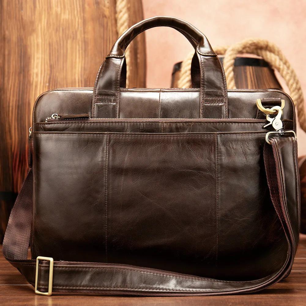 Natural Cowskin Briefcase Male Messenger Bag Men's Genuine Leather Document Shoulder Travel Handbags Men Satchel Laptop 14 Inch