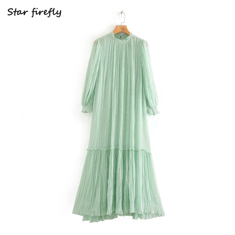 

Star firefly fashion Za dress women 2020 spring new casual slim elegant sweet round neck pleated tulle dress female