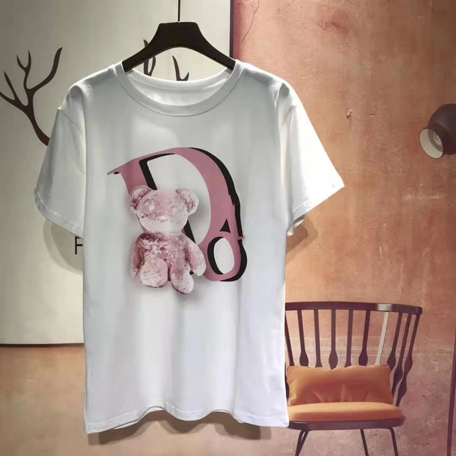 Летние розовые повседневные женские футболки с принтом медведя и букв, шорты и футболка с круглым вырезом и рукавами, роскошный брендовый элегантный топ