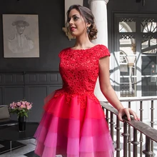 Red Cocktail Dresses A-line Cap Sleeves Short Mini Tulle Lace Tiered Elegant Homecoming Dresses