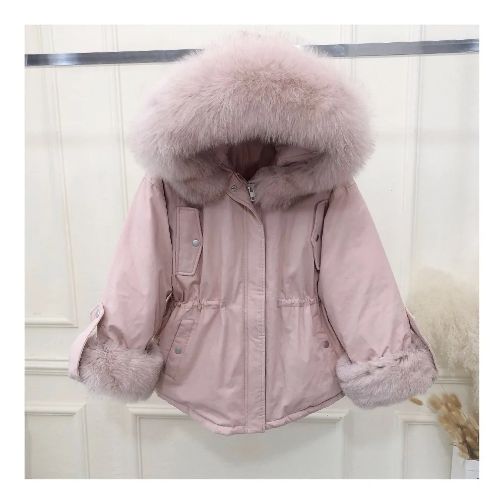 Корея свободная Регулируемая талия короткая зимняя верхняя одежда Модная парка теплые толстые женские пальто женские лисий мех с капюшоном пуховик