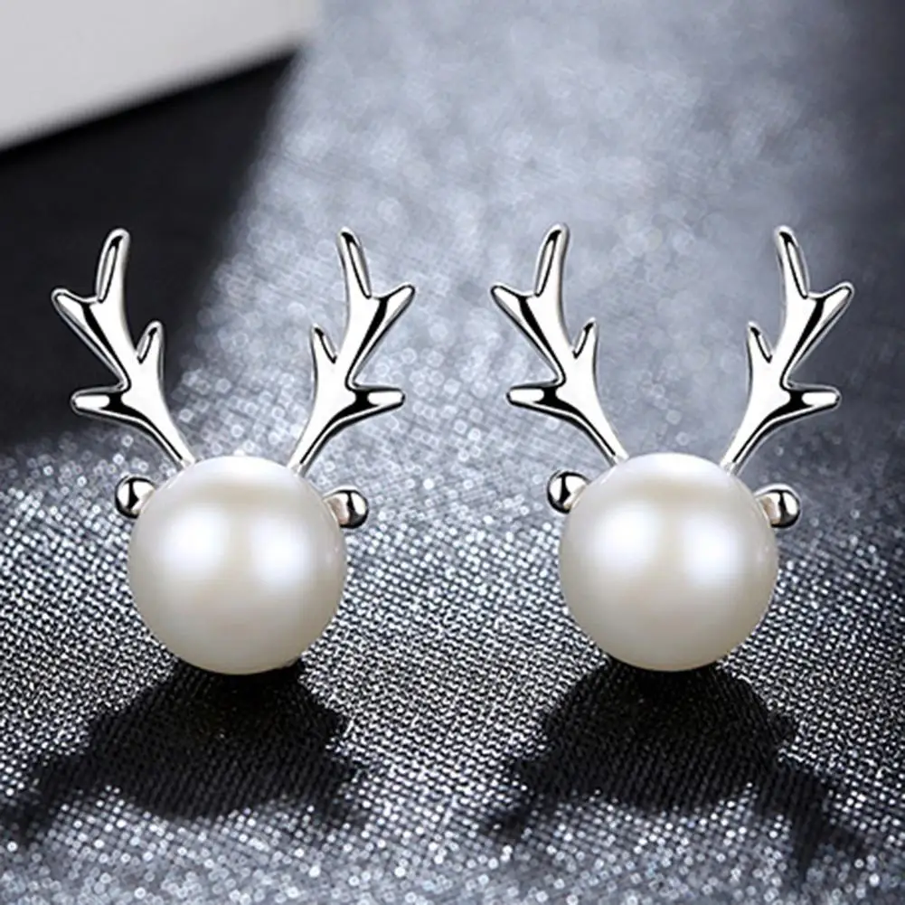 Elegant Women Lady Girls Elk Simulated Pearls Stud Earrings Christmas Party Casual Jewelry Decor 1