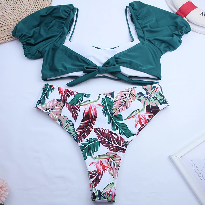 Sexy Bikini 2022 New 2 Piece Women Swimsuit Solid Color Short Puff Sleeve Summer High Waist Cut Backless Bathing Suit Beachwear plus size bikini sets