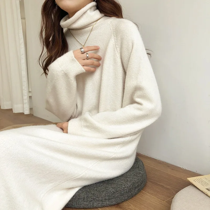 

Versatile High Collar Knitted Dress Winter New Style Loose-Fit Mid-length Casual Base Dress Women's
