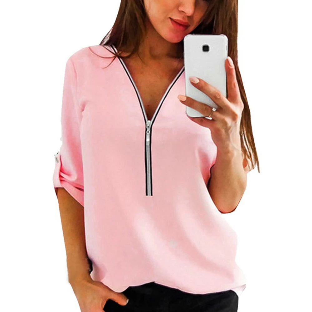 

Zipper Short Sleeve Women Shirts Sexy V Neck Solid Womens Tops And Blouses Casual Tee Shirts Tops Female Clothes Plus Size 5XL