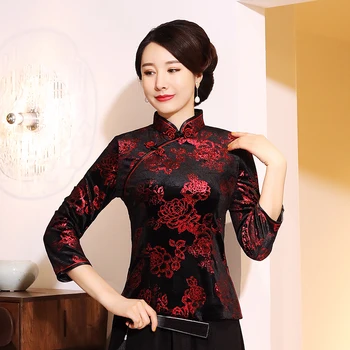 

Chinese Style Blouse Classic Floral Tops Women Velour Tang Shirt Vintage Button Oversize 3XL-5XL Coat Traditional Retro Clothes