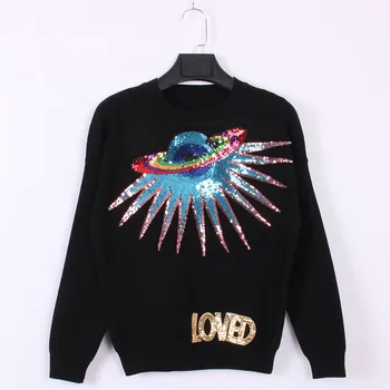 

Autumn Winter UFO Planet Sequins Letters Knitted Sweater Pullovers Women Long Sleeve Sweater Jumper Loved Letter Ladies Tops