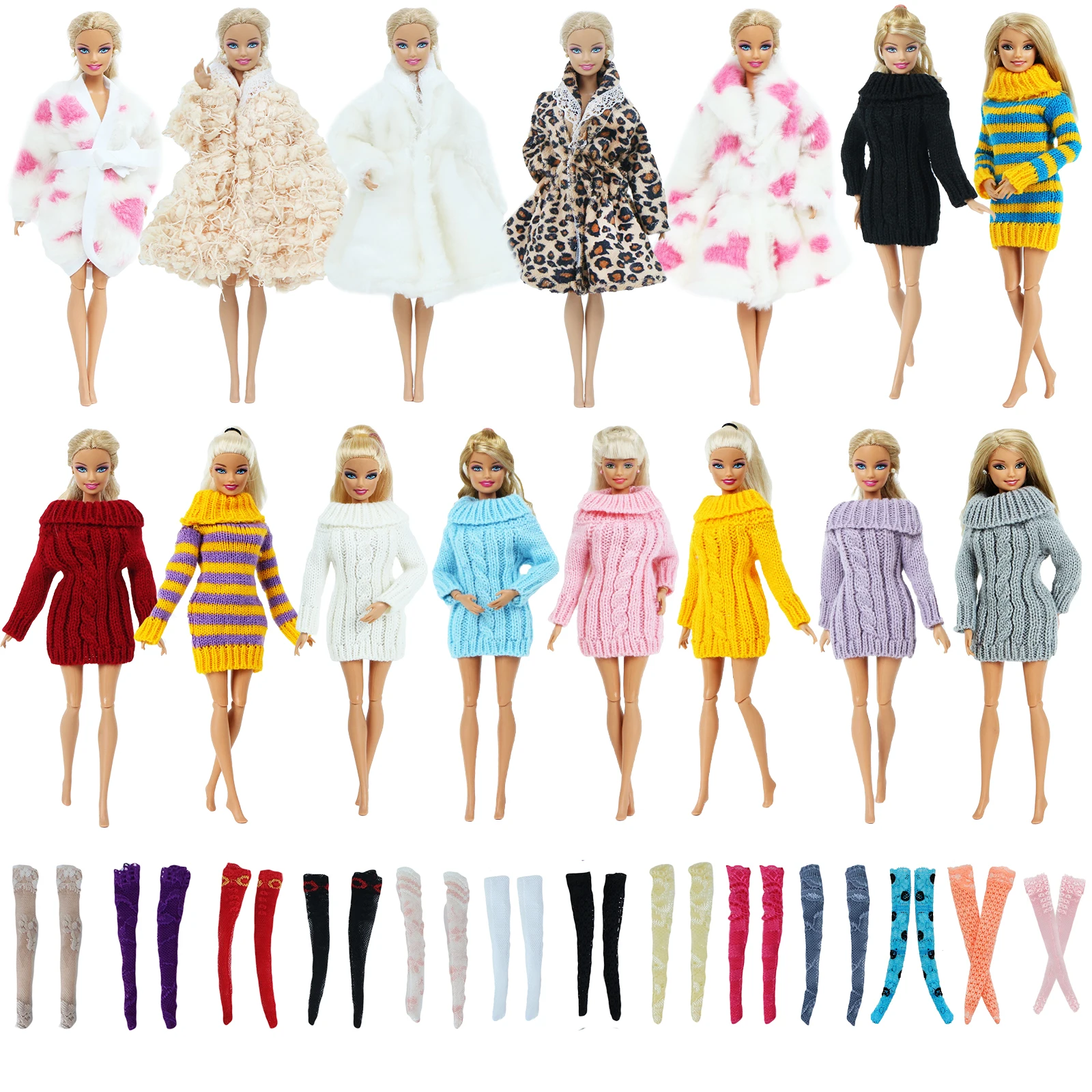 

5 Pcs / Set Fashion Winter Outfit for Barbie Doll 1x Coat 1x Sweater Random Mixed 3x Stockings Clothes Accessories Toy 12'' Doll