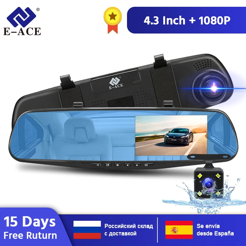 Najtaniej E ACE wideorejestrator samochodowy 4.3 Cal kamera Full HD 1080P automatyczna kamera lusterko wsteczne z DVR i kamera do rejestracji wideo Dashcam rejestratory samochodowe