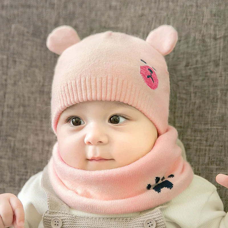 Hat scarf Pink 2 шт./компл. модные шапки для новорожденных вязаная теплая медведь круглый машина Кепки защищает шапка с ушками для малышей Зимние Кепки s+ наборы с шарфом - Цвет: Hat scarf Pink
