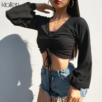 

KLALIEN Sexy black V-neck Long Lantern Sleeve elastic bandages reveals navel Sexy Short Tee 2019 Hot sale Women personality Tops