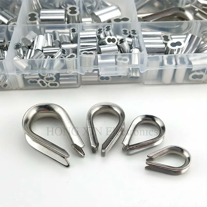 225Pcs/Set M1.2/1.5/2/3/4/5 Stainless Steel Thimble and 6-Size Aluminum Crimping Loop Sleeve Assortment Kit thimble and sleeve kit